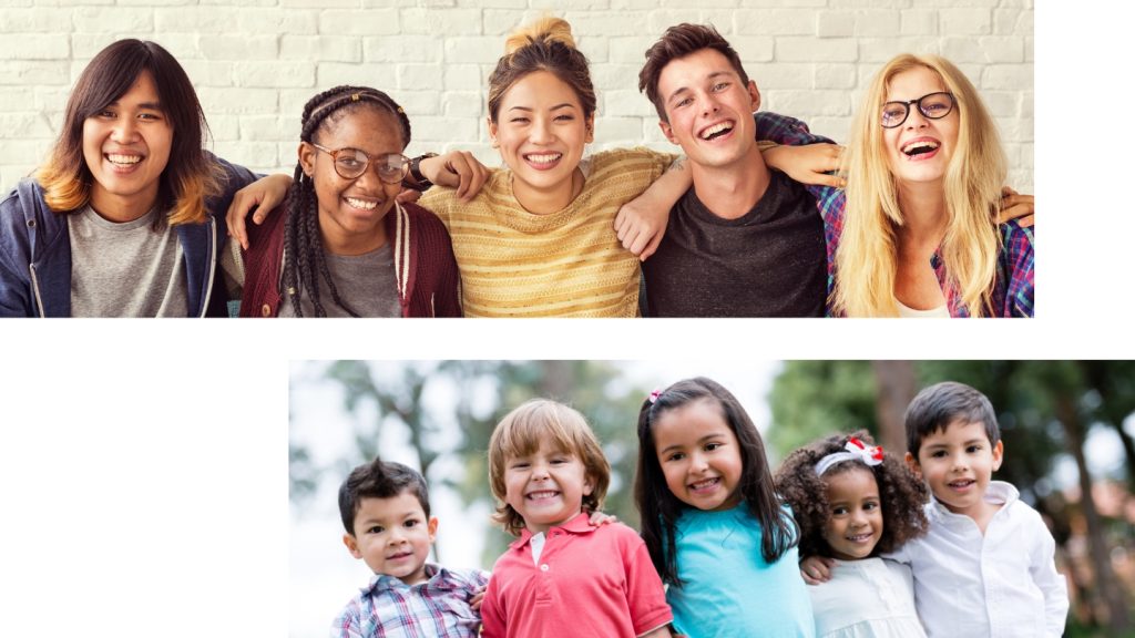 Imágenes de jóvenes en edad escolar y niños alegres poniendo sus brazos encima de los hombros del otro.